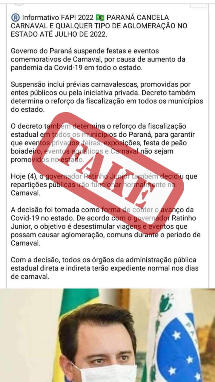 [Grupo RBJ de Comunicação] Governo desmente informação que cancelou carnaval e eventos no Paraná. — Imagem do texto falso que está circulando nas redes sociais. Reprodução/Redes Sociais.