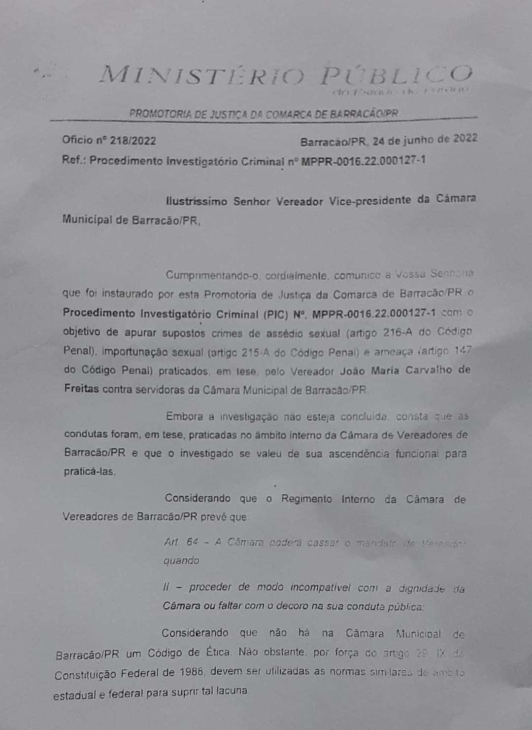 [Grupo RBJ de Comunicação] Presidente da Câmara de Vereadores renuncia ao mandato após denúncia de assédio na casa de leis, em Barracão